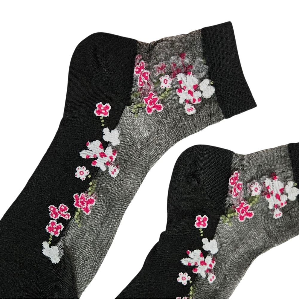Floral Patterned Black Embroidered Mesh Socks